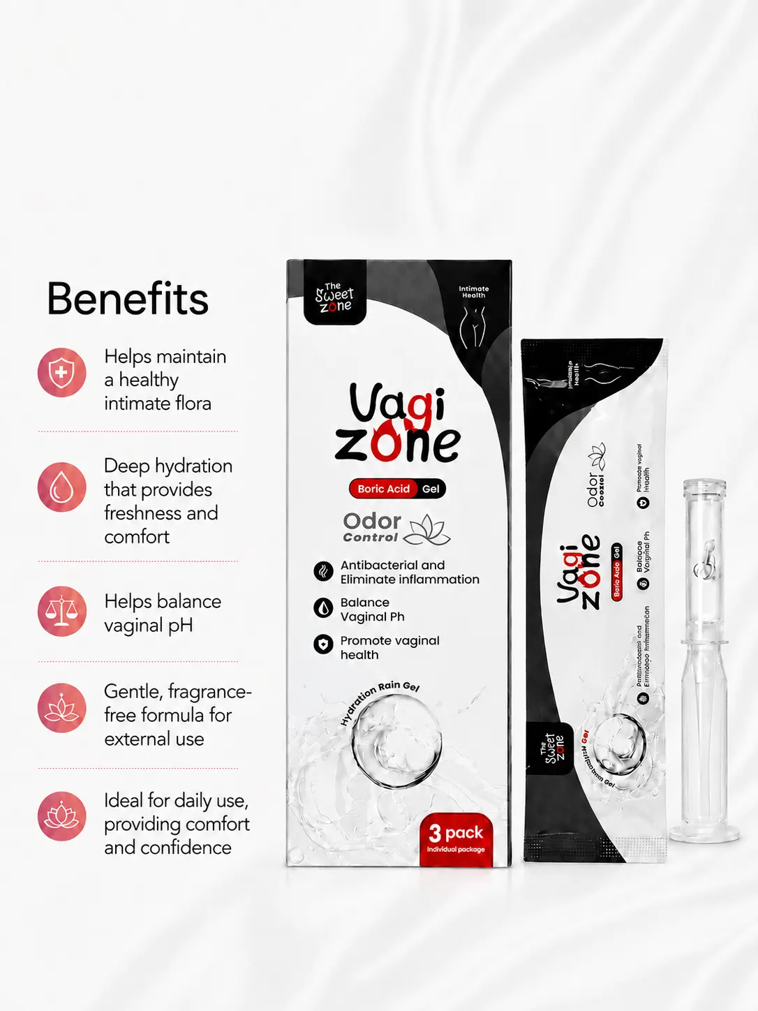 The Sweet Zone VagiZone 3 Dispensers Relief Care Gel - Gel for Odor Control, Antibacterial, and pH Balance - 3 Pack