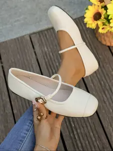 Women's Mary Jane Flat Shoes, Square Toe Ballet Flats, Comfortable Ankle Strap, Casual Low Heel, PU Leather, All Seasons