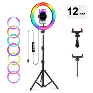 UEGOGO 12" RGB Ring Light with 63" Multipurpose Tripod, Dual Phone Mount, USB Power, 3 Color Modes + RGB Effects – Mobile/Cellphone/Smartphone Selfie Accessory for Streaming, Filming Setup