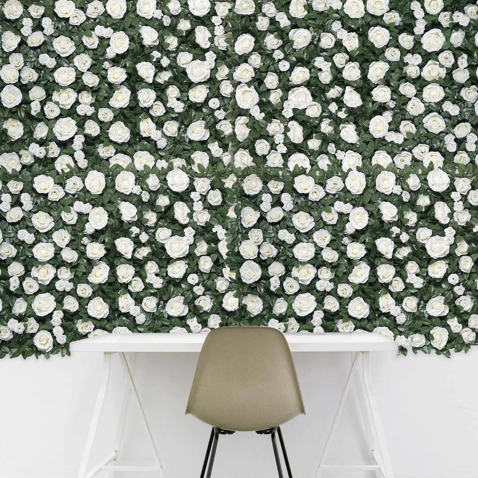 Easy-Install White Silk Rose Flower Panels Wall Backdrop, 3 Sq ft Decorative Banner with White Floral Print Panels