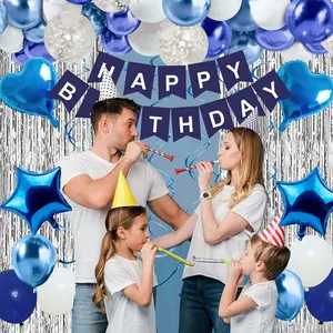 Elegant Balloon Decoration Set for Birthdays – Blue, Silver & Rose Gold | Includes Foil Curtain, Heart Balloons & Confetti Balloons | Perfect for Surprise Parties, Summer Gatherings & Baby Showers
