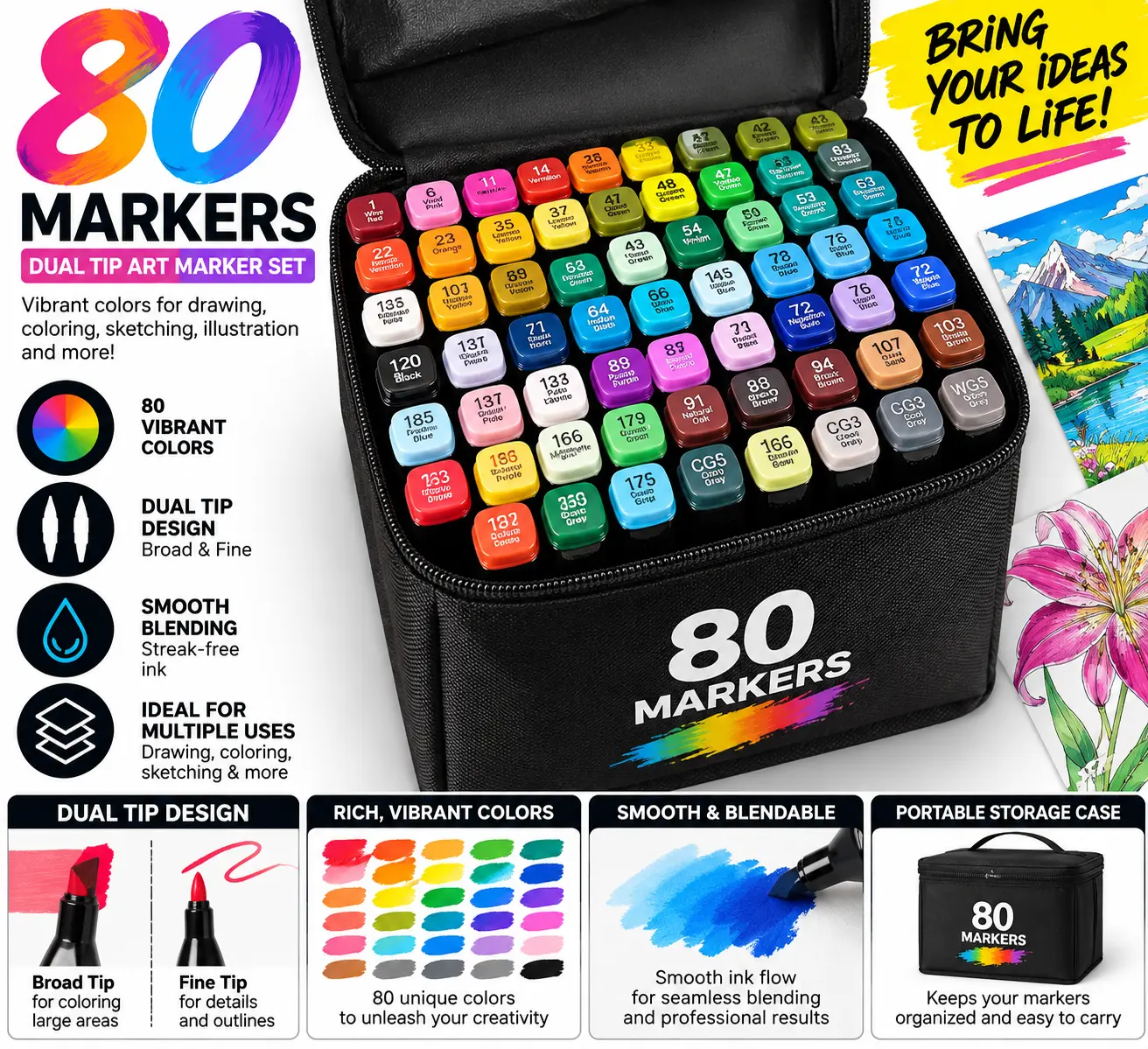 $89.99 MSRP 80-Piece Dual Tip Art Marker Set w/ Carrying Case