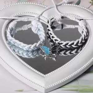 2Pcs Magnetic Butterfly Braided Bracelet for Couples & BFF, Adjustable Sweet Friendship Hand Rope, Jewelry Gift for Besties