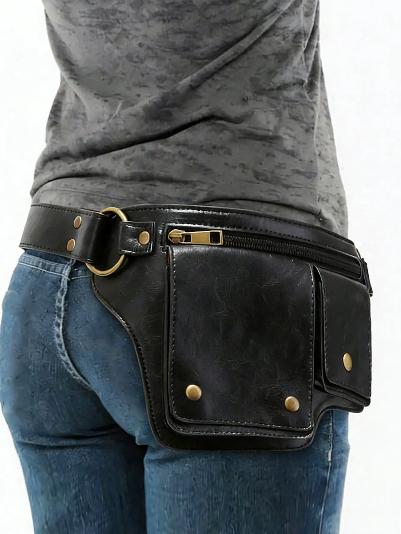 Niche tooling style simple shoulder bag, Zipper Belt Bag, PU Fanny Pack, personality classic multi-pocket rivet design, casual trend wallet, and street style is versatile for daily travel, shopping and mountaineering, Zipper Fanny Pack