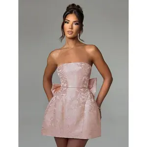 Women's Plain Big Bow Decor Lace Up Tube Dress, Elegant Strapless A Line Short Dress for Party Club Dating Wear, Ladies Summer Clothes, Coquette Dress