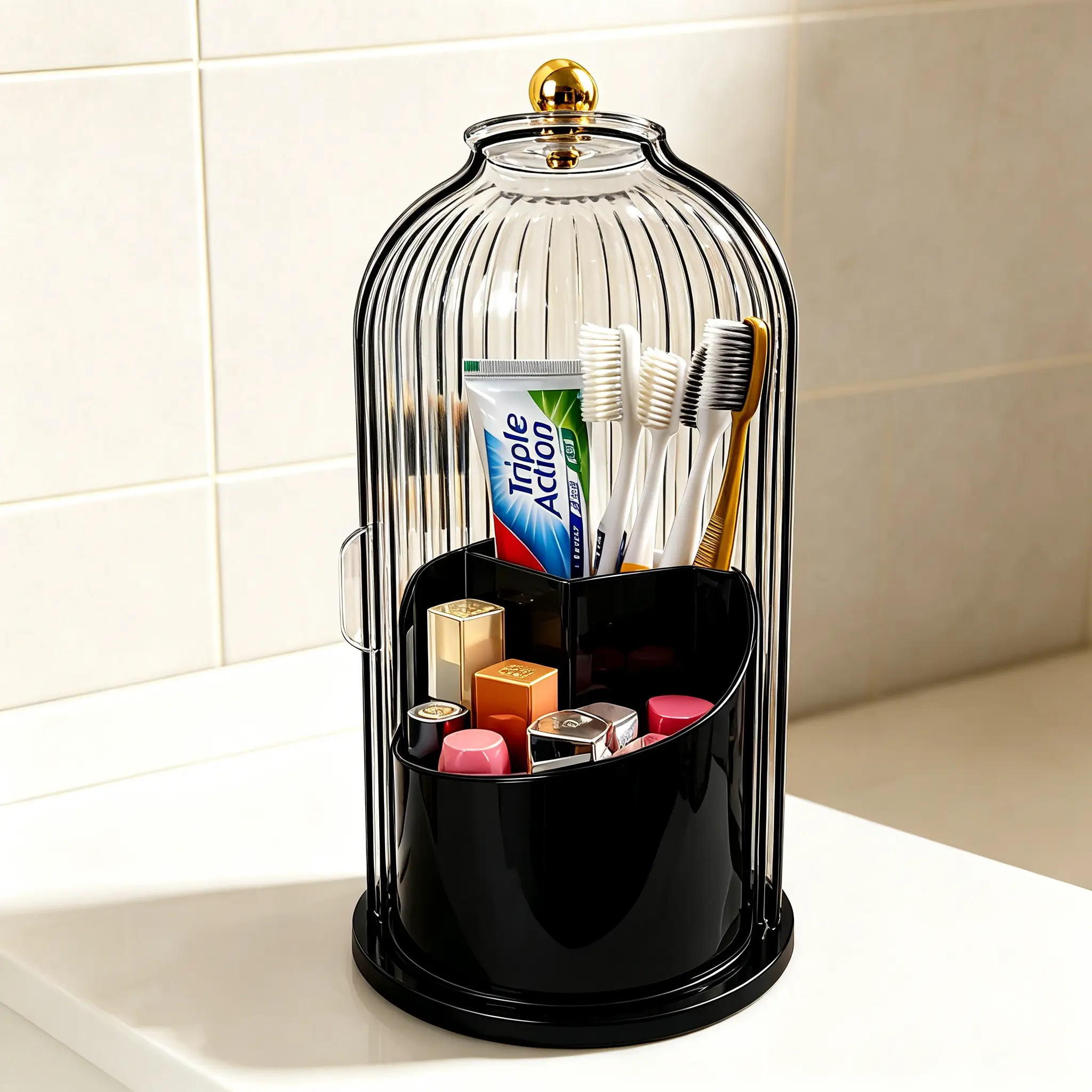 Toothbrush Holder with Sliding Lid – 3-Slot Dustproof Bathroom Organizer for Electric Toothbrush, Toothpaste & Makeup Brushes, 360 Rotating White Countertop Vanity Storage, Modern Bathroom Decor, Valentine & Holiday Gift