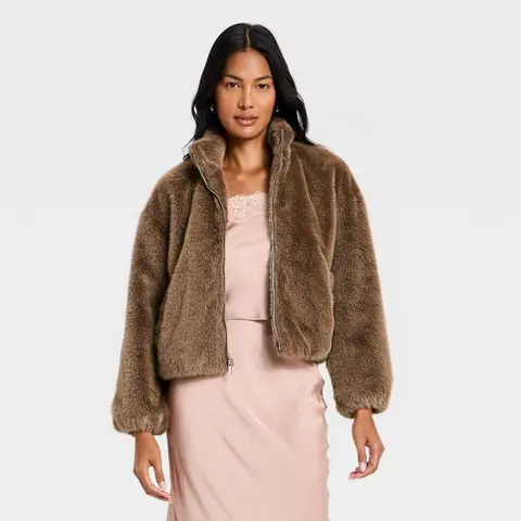 Women's Faux Fur Zip-Up Jacket - A New Day