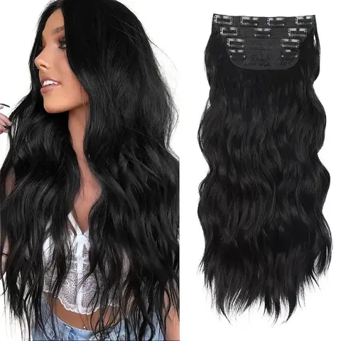 Sohochic AISI HAIR Clip in Synthetic Hair Extensions Long Wavy 4PCS Thick Hairpieces Black Fiber Double Weft Natural Hair Extensions 20/24 Inch for Women Curly Clip Ins