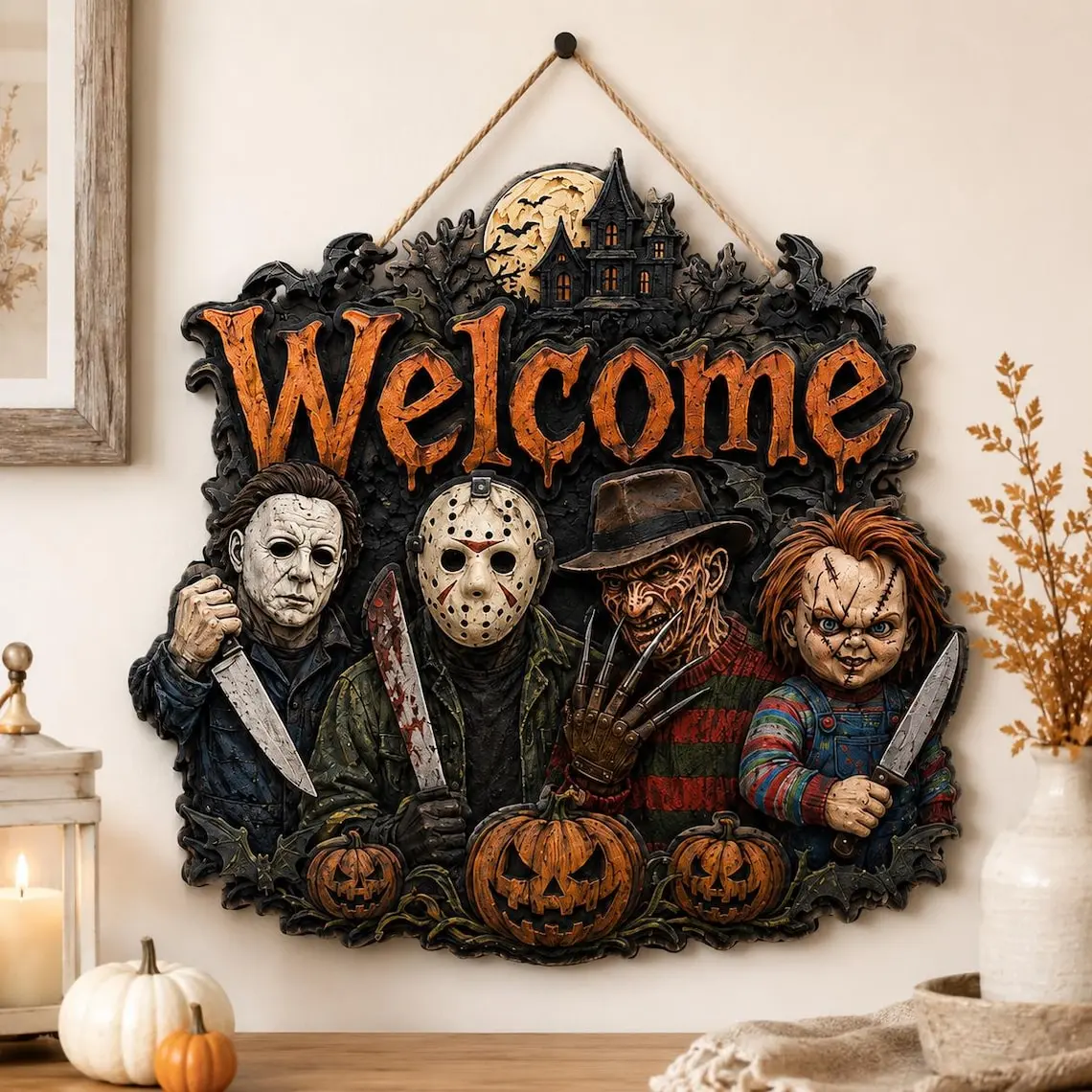 Personalized Wooden Horror Welcome Sign, Scary Movie Slasher Door Hanger, Killer Doll Halloween Decor, Elm Street Haunted House Porch Plaque