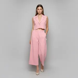Pink Sleeveless Blazer Crop Top & High-Waist Wide-Leg Pants Set for Women
