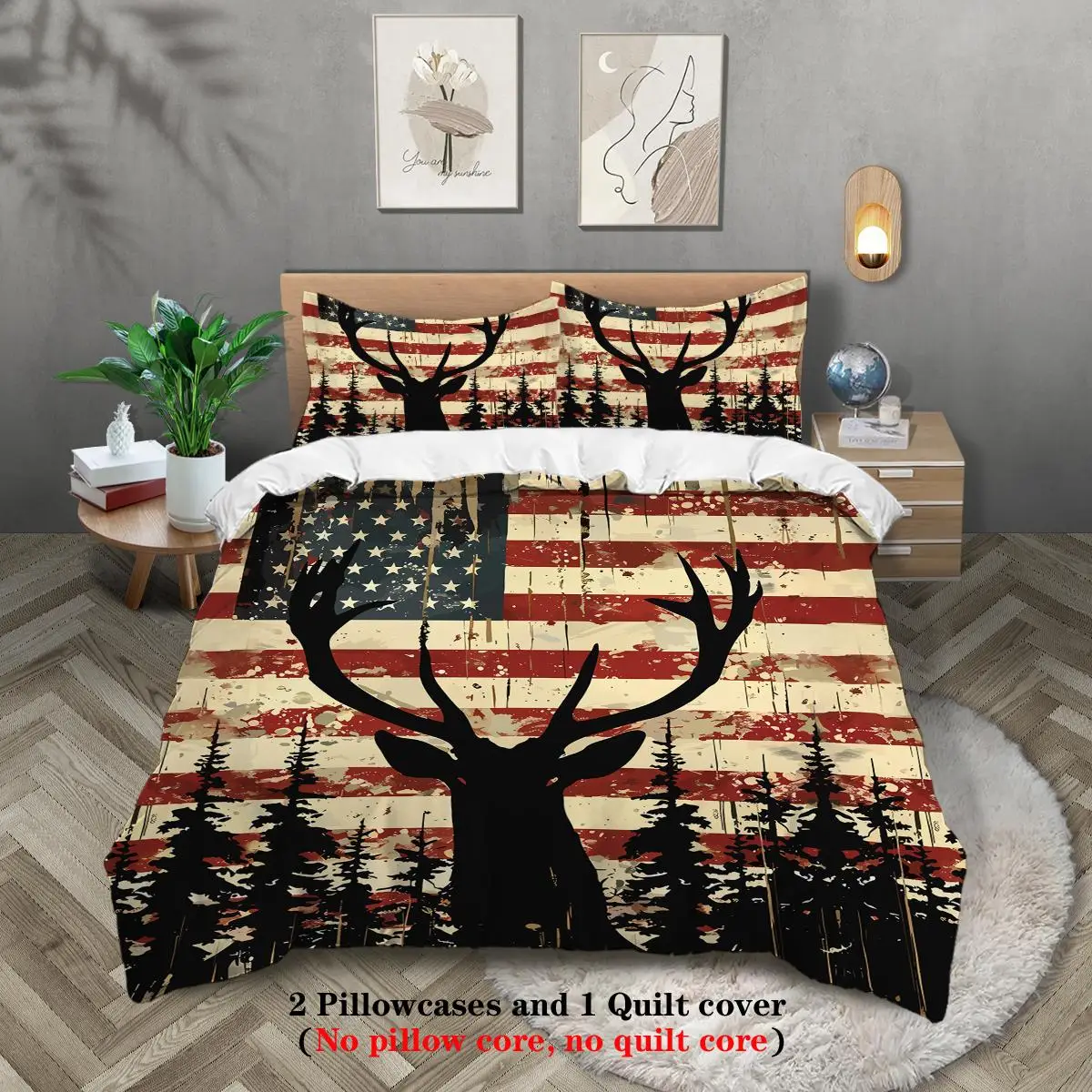 Deer & American Flag Pattern Duvet Cover Set, 3 Counts/set Including 1 Duvet Cover & 2 Pillowcases, Soft Comfortable Bedding Set for Home Bedroom