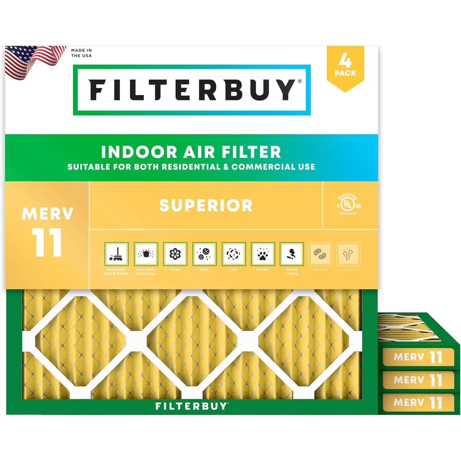 Filterbuy Household 10x10x1 In Air Filter (4-Pack), Pleated MERV 11 Allergen Defense HVAC AC Furnace Filter (Actual Size: 9.50x9.50x0.75 In)