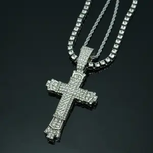 RQSP 20inch Tennis Chain Iced Out Pendant "Cross Faith" Necklace Personalized Diamond Jewelry with 20inch Rope Chain Gold/Silver Colour Hip Hop Gifts for Daily Wear Office & Special Occasions Women Men