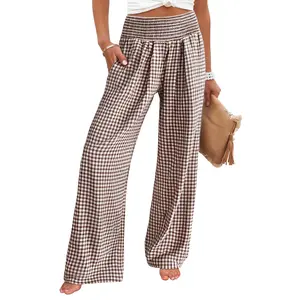 ANRABESS Womens Striped Gingham Palazzo Pants Lightweight Wide Leg High Waisted Lounge Pajama Pants Cute Casual Trousers with Pockets for Comfort