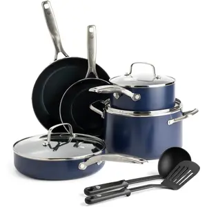 Blue Diamond 10 Piece Cookware Set, Diamond Infused PFAS & PFOA-Free Ceramic Nonstick Pots and Pans, Durable Non Toxic Metal Utensil Safe & Scratch Resistant, Dishwasher & Oven Safe, Blue