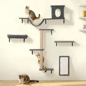 CAVEEN 5 in 1  Cat Climbing Set, Wall Furniture, Cat Wall Shelves Perches Set, Sleeping Playing Lounging Climbing Wall-mounted Cat Tree House for Multiple Cats, Wall Mounted Cat Climber Set