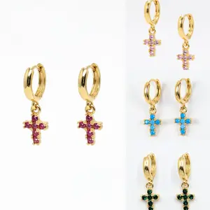 Dainty Cross Huggie Hoop Earrings for Women – 14K Gold Plated Boho Religious Dangle Earrings – Tiny Turquoise Stone Cross Charms for Cartilage and Lobe – Minimalist Spiritual Jewelry Gift