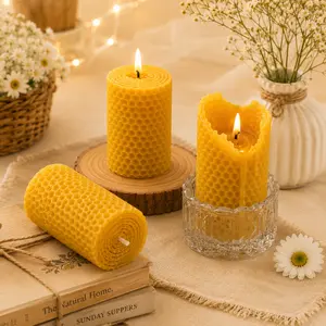 Hand-Rolled Beeswax Honeycomb Candle – Unscented Decorative Pillar Candle - 3 Pcs