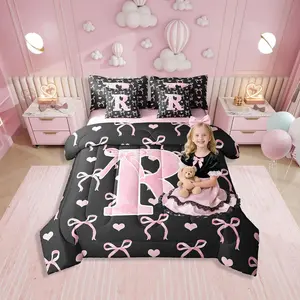 Ribbon Bowknot Bed Set with Sheets,Girls Black Pink Ombre Love Heart 7 Piece Bedding Set,Cute Letter Aesthetic Girly Fairy Style All Season Bed Bag