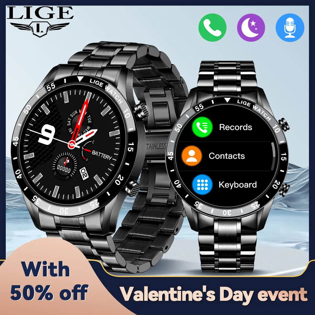 LIGE large disc steel band smart watch with exercise and sleep detection, wireless calls and long standby Wearable multiple sport wireless answer