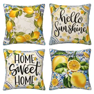 Lemon pattern pillow cover, "Warm Home" themed pillow cover, yellow and blue Mediterranean summer decoration Italian themed ceramic tile flower pattern square cushion cover, suitable for sofas, beds, benches, 4-piece set with double-sided printing