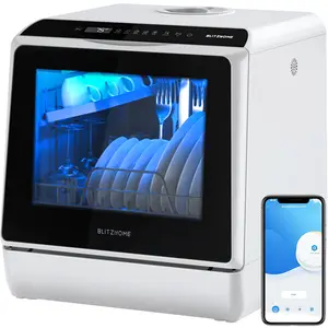 Countertop Dishwasher, BLITZHOME WiFi Smart App Control 6 Programs Portable Mini Dishwasher with 5L Built-in Water Tank, 360° Dual Spray, High-Temp & Dry, Delay Start Function, Compact Tabletop Dishwashers for Kitchen, Apartment, Camping, RV