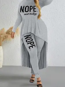Plus Size Women's Suit 2 piece sets women Printed Two Piece Set Round Neck Long Sleeve High Low Top & Slim Pants Grey Casual Elegant Womenswear comfort sweat set