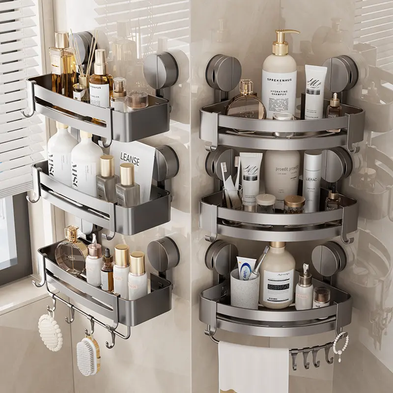 No Drilling Bathroom Wall Mounted Basket Organizer, Heavy Duty Shower Cage with Hooks, Easily Removable Stainless Steel Shower Cage Suction Cup Bathroom  Accessories