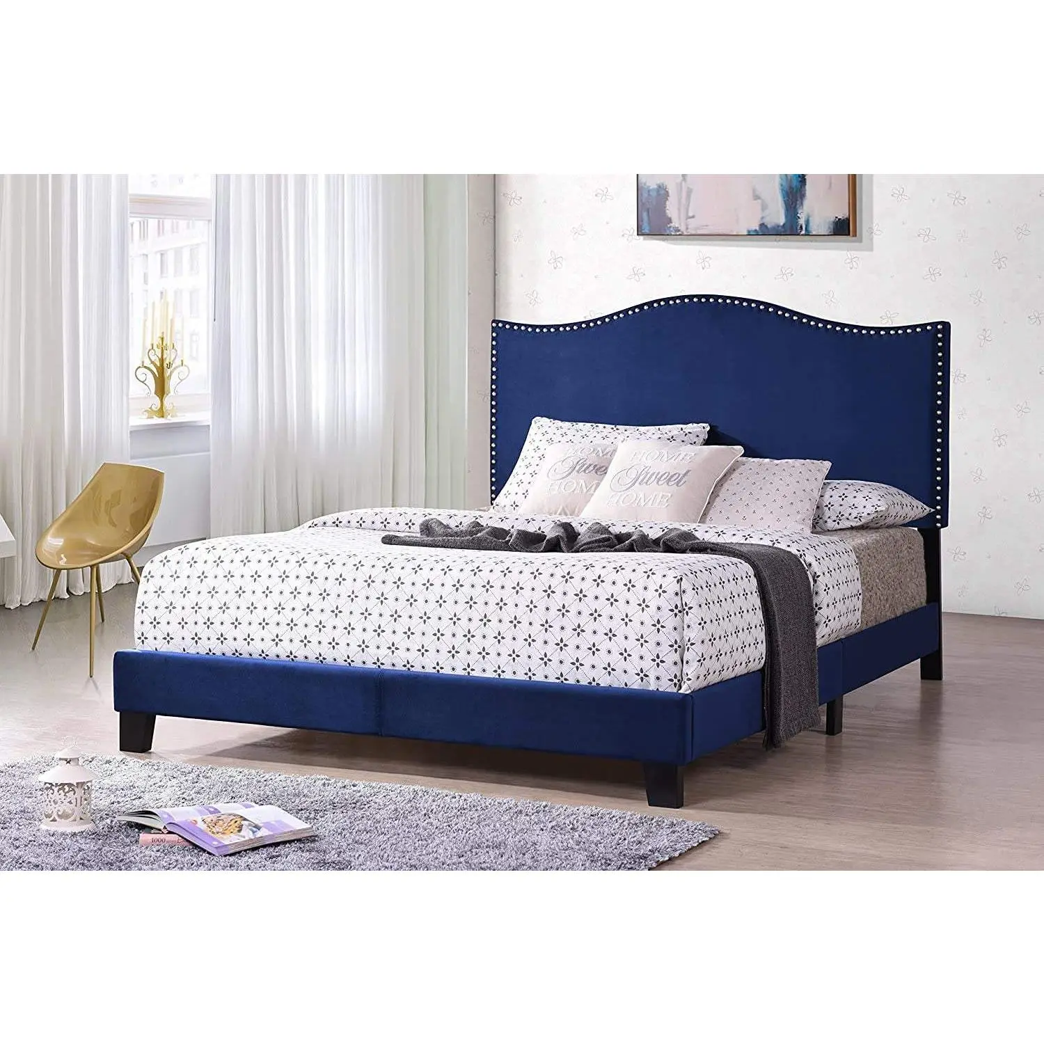 Clarno Blue Velvet Nailhead Trim Full Size Upholstered Bed