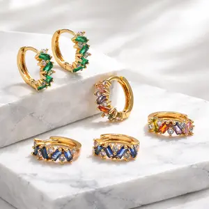 Colorful Baguette Zircon Huggie Earrings Gold Leaf Inlay Statement Jewelry for Daily Wear Party Gift Accessories for Women Valentines&birthday Boujee Gifts for gf