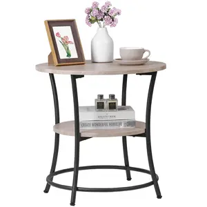Segawe Round End Table, Coffee Table Side Table with 2 Storage Shelves for Bedroom Living Room Small Space Gray