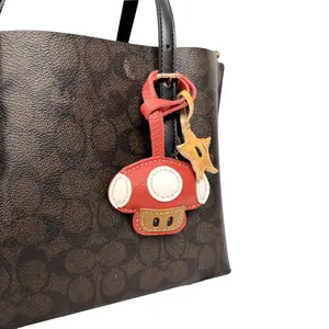 Trendy Retro Red Mushroom Star Bag Charm Purse Keychain French Goatskin Leather Pendant for Girls Gamers Tote Lovers