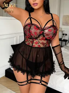 Sexy Butterfly Embroidered Lace Sleepwear Set with Garter Belts, Pleated Erotic Underwear, 4 Piece Set (no Gloves) Sheer Lingerie