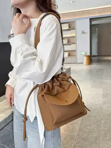 New Korean Style Drawstring Nylon Bucket Bag, Women's Japanese Minimalist Casual Large Capacity Crossbody Bag, Adjustable Wide Strap, Waterproof Commuter Bag