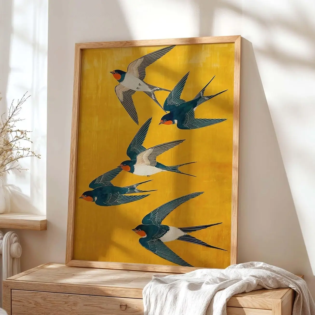 Swallow Bird Wall Art Print, Mustard Yellow Mid Century Poster, Scandinavian Modern Home Decor | Frameless Poster V