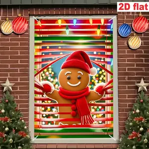 Party Banner Christmas Theme Window Decoration, Gingerbread Man Design, Polyester Material, Indoor Outdoor Use, No Power Needed