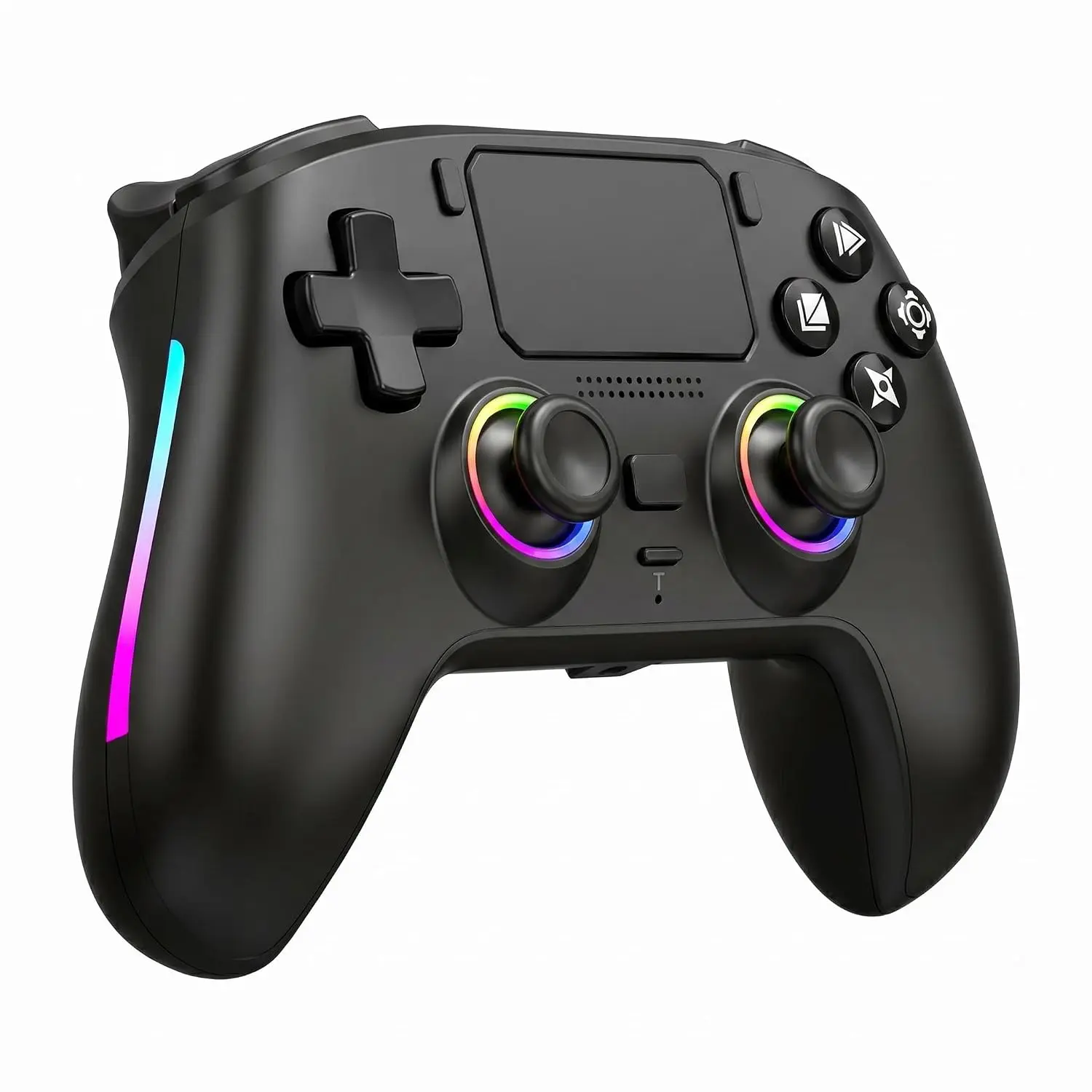 Wireless RGB Gaming Controller for PS4, PS3, Steam, and Windows PC – Features 7-color lighting, 1000mAh battery, Hall Effect controls, Turbo function, programmable buttons, and a 3.5mm headphone jack.