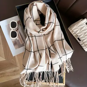 1pc Womens Elegant Beige & Black Plaid Tassel Scarf - Soft Faux Fleece Pashmina Shawl, Warm Winter Casual Style, Perfect Christmas Gift for Family, Hand Wash or Dry Clean