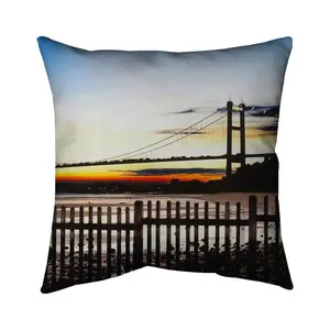 Begin Home Decor 5541-1616-CI114 16 x 16 in. Hyperrealist Blue Pillow - Bridge by Sunset - Home Decor Pillow