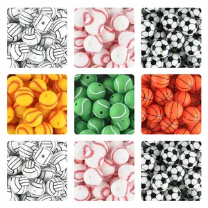 Sports Themed Silicone Beads, 20pcs Round Baseball & Softball & Basketball & Volleyball & Tennis Beads, DIY Jewelry Making Supplies, DIY Beading Accessories for Bracelet & Necklace