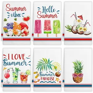 6 count Hello Summer Kitchen Towels Decorative Cute  Dish Towels with Watermelon Pineapple Dessert Fruit  Kitchen Hand Towel for Bathroom Holiday Seasonal Decor, 16 x 24 Inch