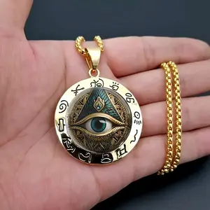 Gothic Mason Golden Round Necklace Jewelry Vintage Look Devils Evil Eye Pendant