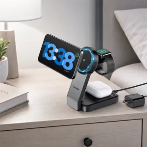 3-in-1 Wireless Charging Station for Apple Devices, Qi2 Certified 15W Charger Stand, Magnetic Foldable Fast Charger for iPhone 17/16/15/14/13/12, Apple Watch, AirPods (30W USB-C Charger Included)