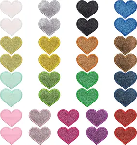 34 Pcs Colorful Embroidered Iron On Heart Patches, Shiny Heart Sew on Patch, Iron On Patches for Clothes, DIY Applique Patch Bulk (Large)