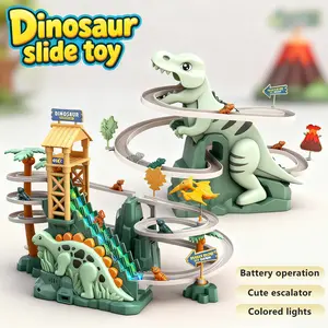 Dinosaur Climbing Slide Toy for Kids, Glowing Music Stairs Toy With Dinosaur Alloy Race Cars, Intellectual and Fun Electric Slide Track Toy, Lights & Music, Suitable for Birthday/Christmas Gift