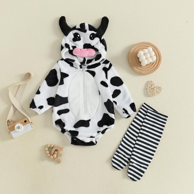 Baby Costume Romper with Stockings 2 Pcs Set Cute Zip Up Hooded Cow/Penguin/Monster Costume for Fall & Halloween