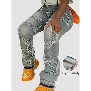 Y2K 90s street-style high-stretch distressed raw frayed tassel patchwork hip-hop jeans for women, festival fall clothing with slant pockets