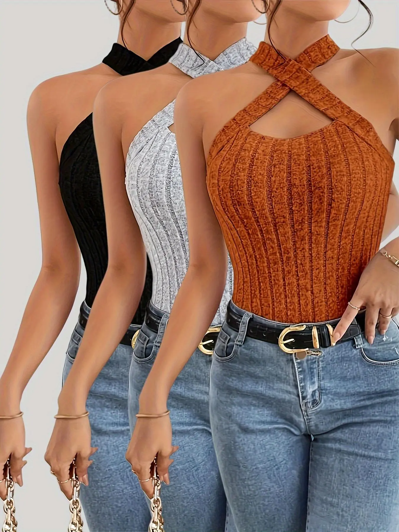 Women's Solid Color Lightweight Breathable Fitted Halter Neck Top, Casual Sleeveless Top for Summer, Women's Clothing for Daily Wear, Knitting Tank Tops