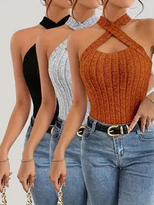 Women's Solid Color Halter Neck Fitted Top, Casual Sleeveless Top for Summer, Women's Clothing for Daily Wear