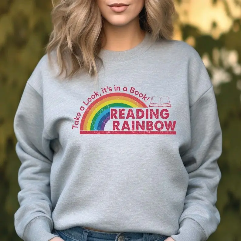 Reading Rainbow Sweatshirt, Rainbow School Crewneck T-Shirt, Bookworm Hoodie, Teacher Appreciation, Book Lover Gift Cotton Unisex Womenswear Drawstring